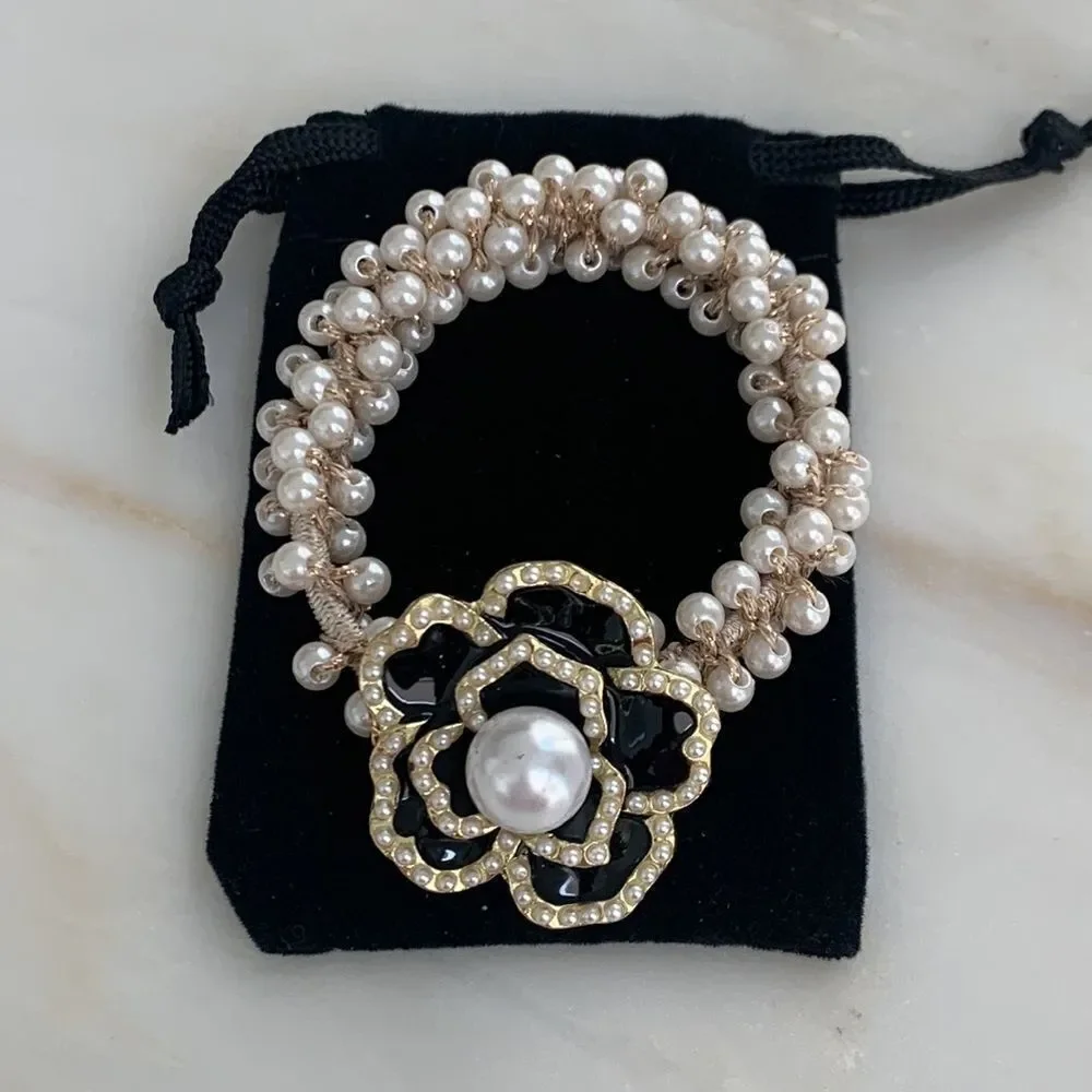 Camellia Flower Hair Tie with Faux Pearls – Black Enamel & Golden Charm